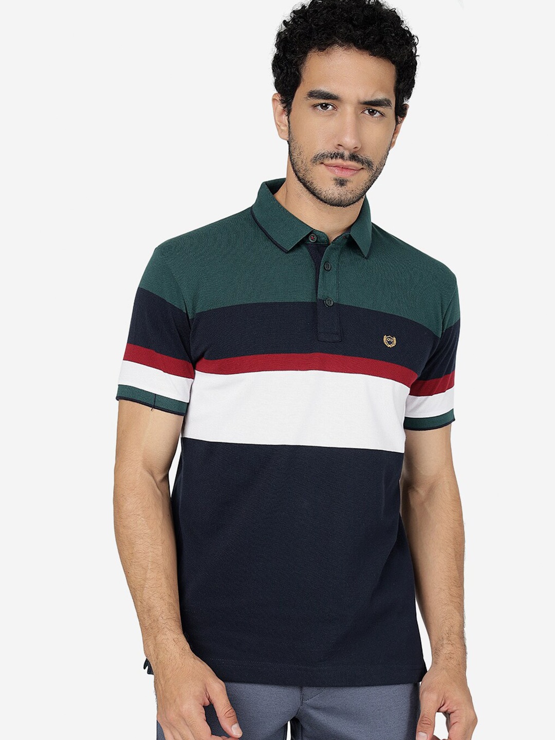 

JADE BLUE Colourblocked Polo Collar Pure Cotton Slim Fit T-shirt, Green