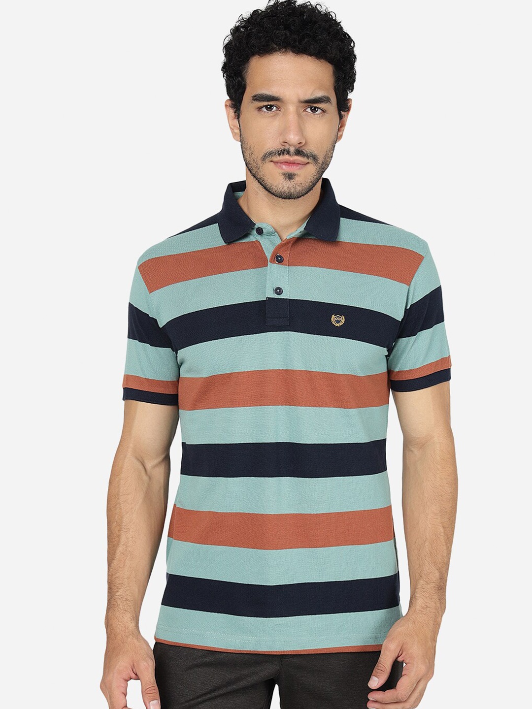 

JADE BLUE Striped Polo Collar Slim Fit Pure Cotton T-shirt, Green