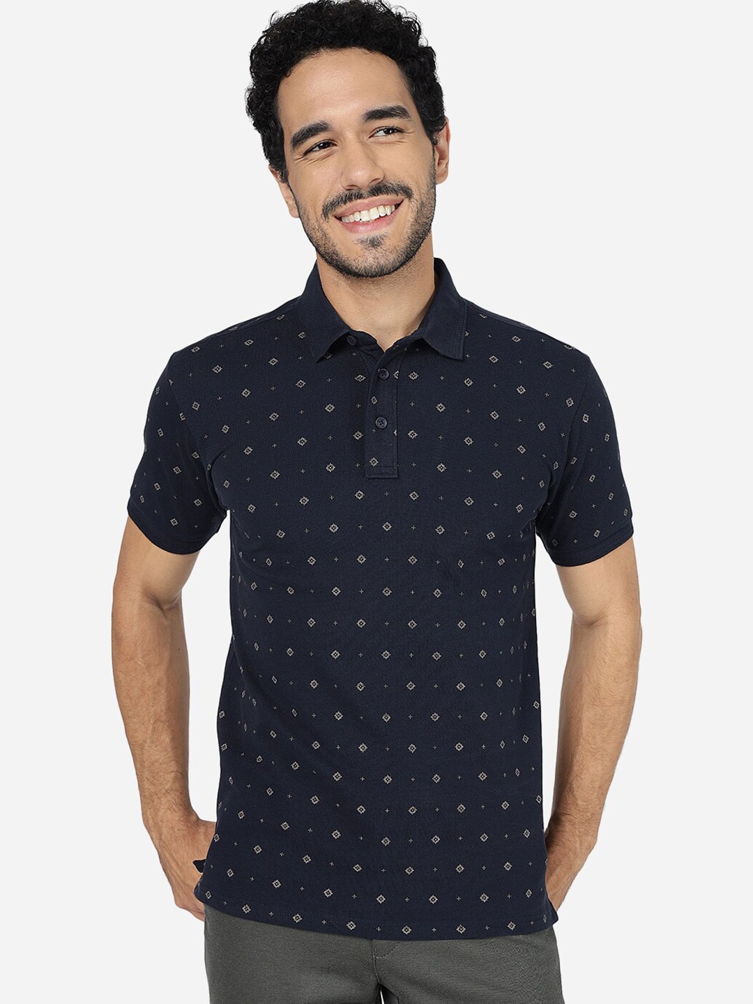 

JADE BLUE Polka Dot Printed Polo Collar Pure Cotton Slim Fit T-shirt