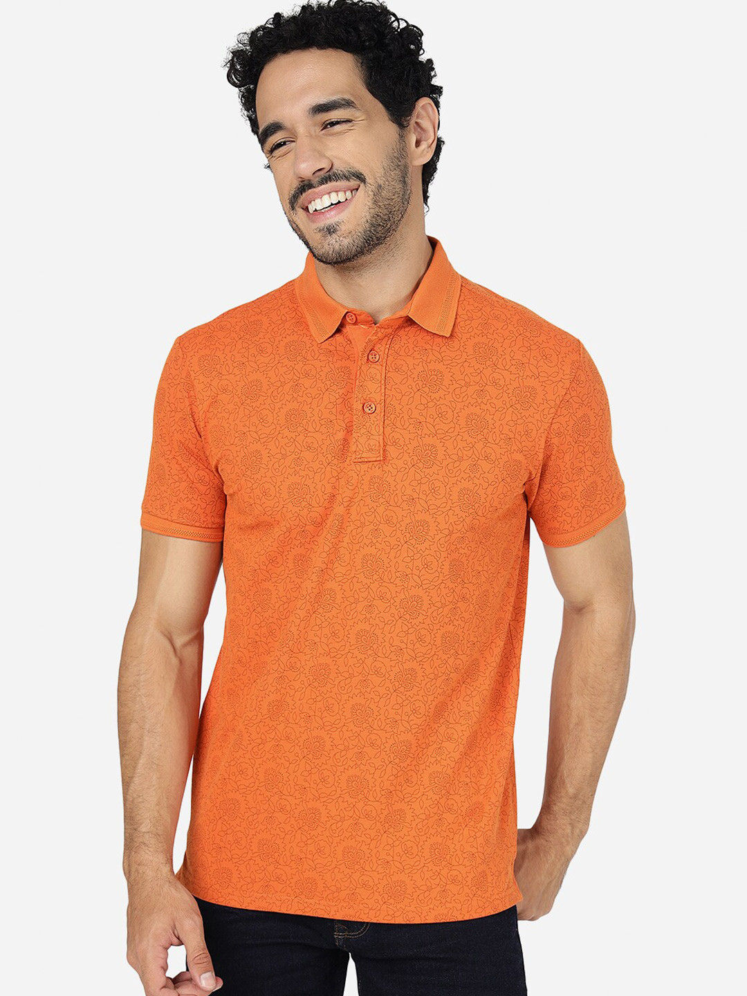

JADE BLUE Floral Printed Polo Collar Pure Cotton Slim Fit T-shirt, Orange