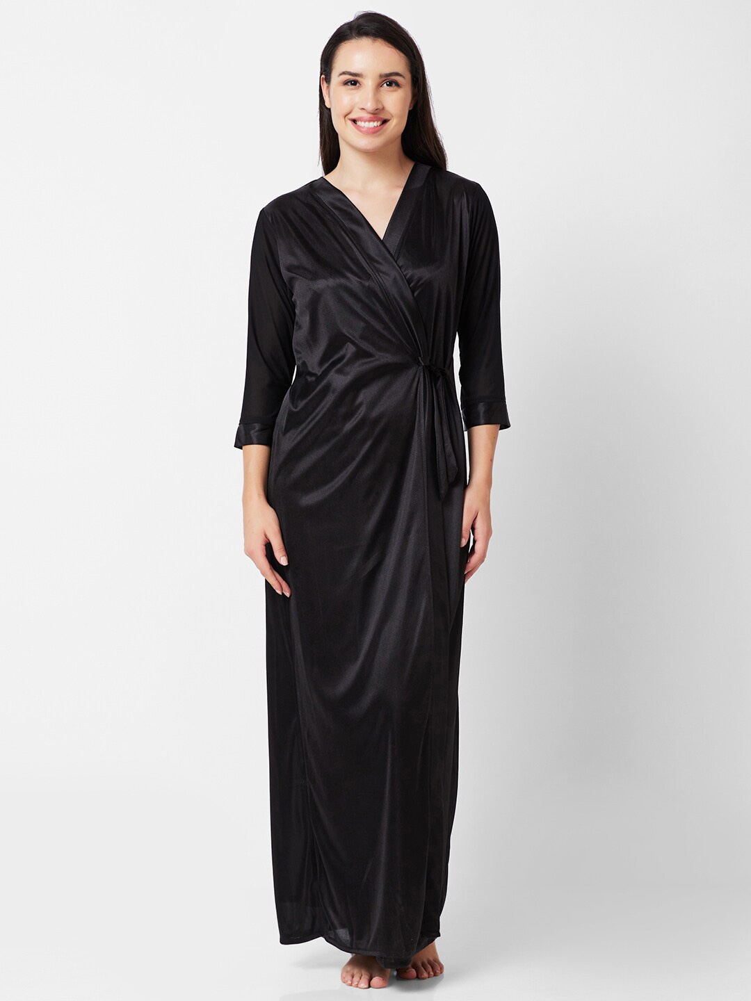 

FashionRack Lace Inserted Maxi Nightdress With Robe, Black