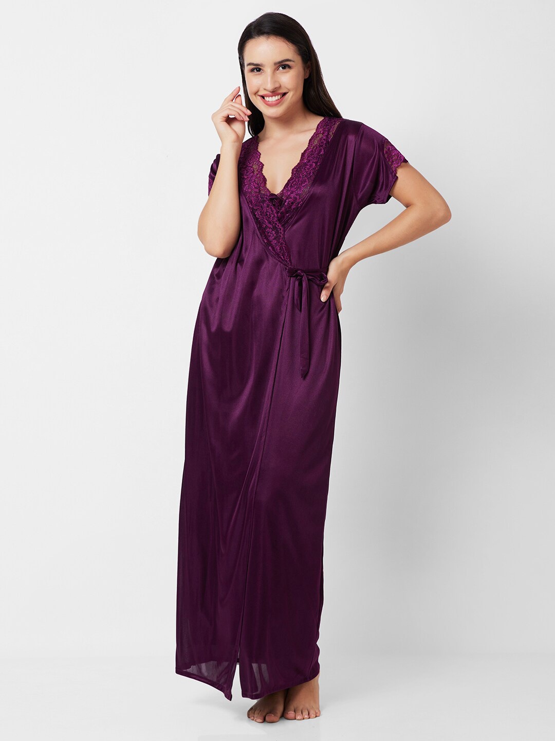 

FashionRack Lace Inserted Maxi Nightdress With Robe, Purple