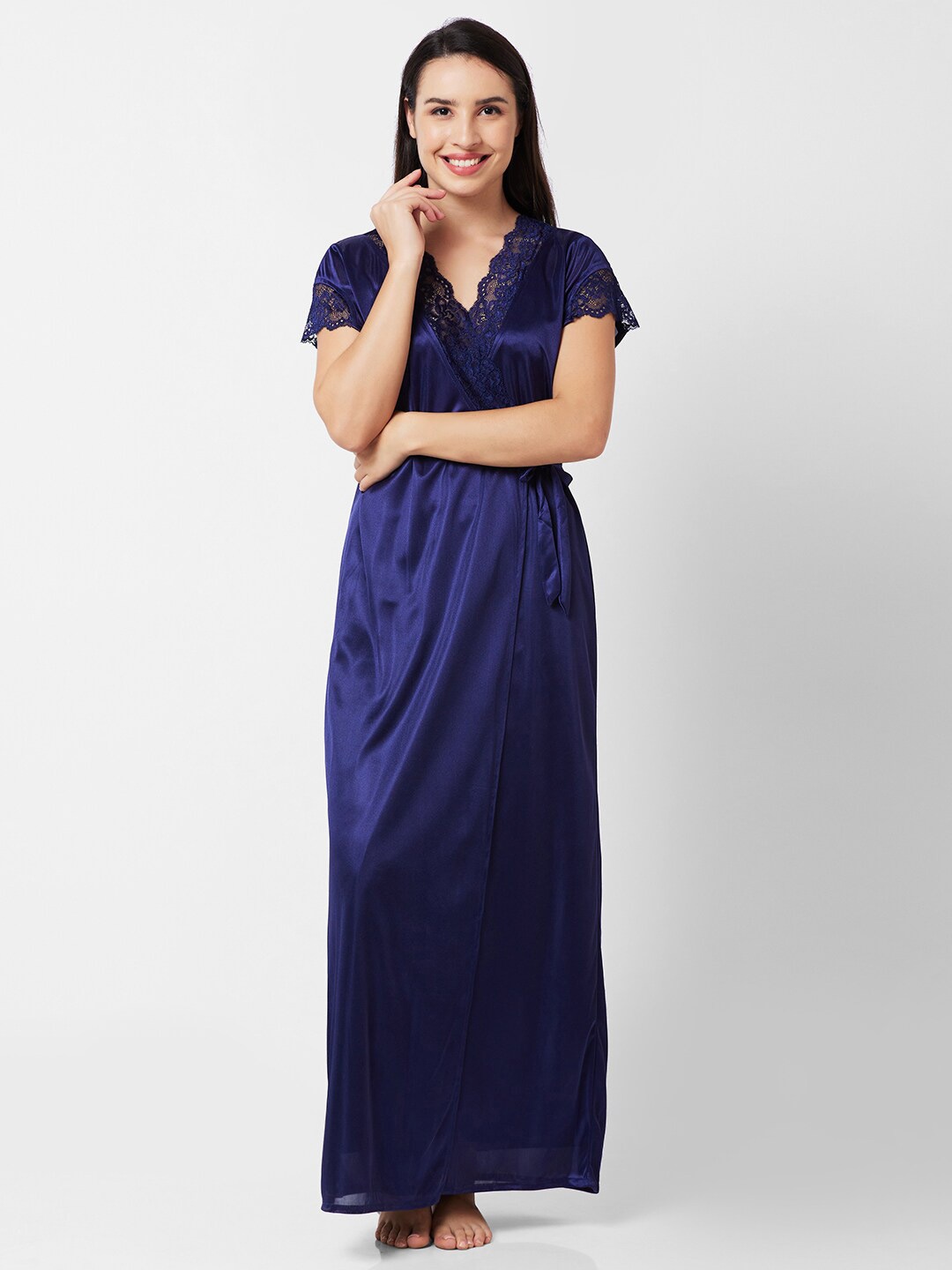 

FashionRack Lace Inserted Maxi Nightdress With Robe, Navy blue