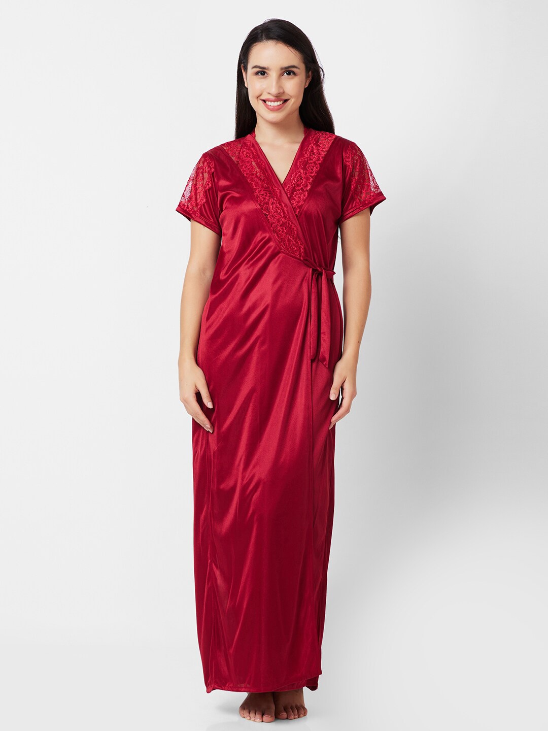 

FashionRack Lace Inserted Regular Nightdress With Robe, Maroon