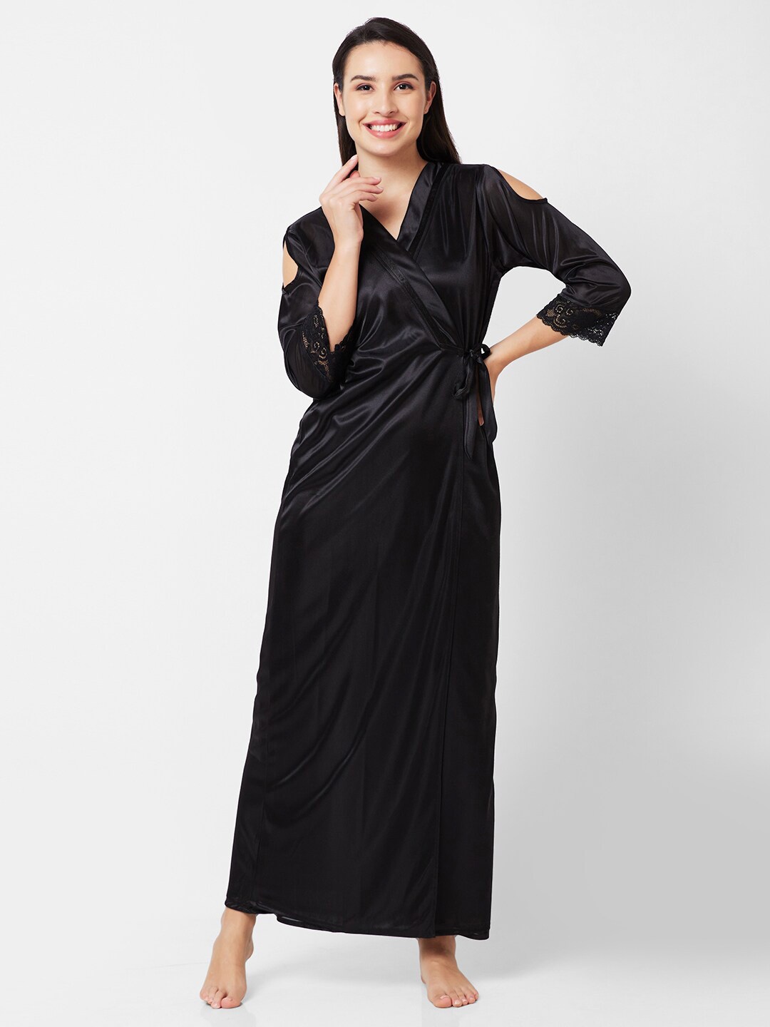 

FashionRack Shoulder Straps Satin Nightdress With Robe, Black