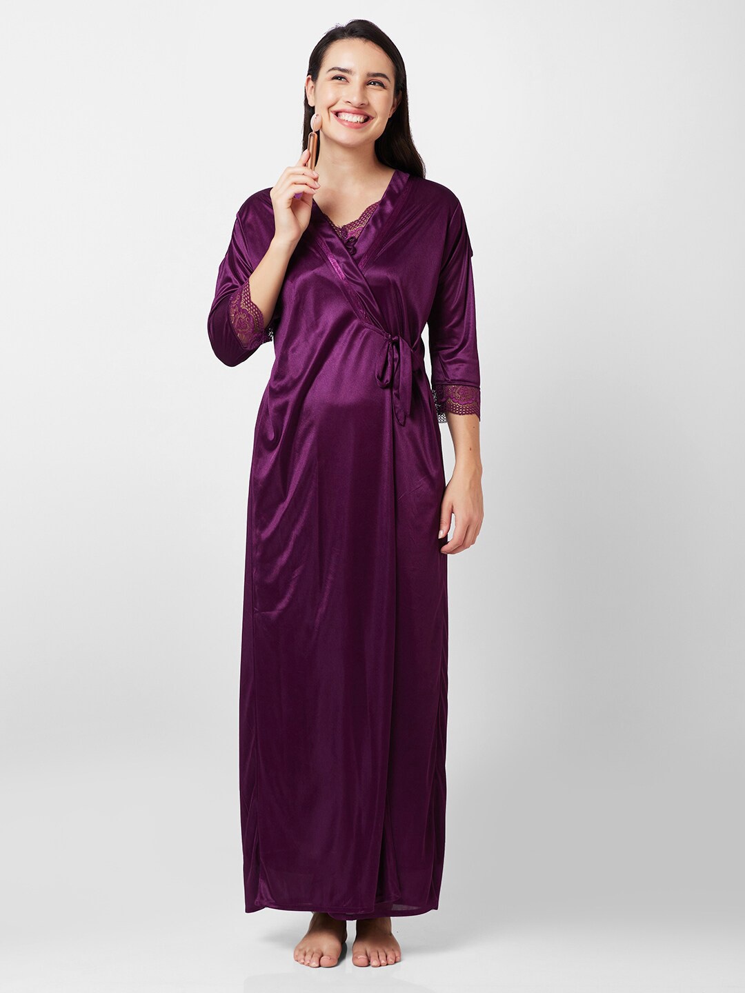 

FashionRack Lace Inserted Maxi Nightdress With Robe, Purple