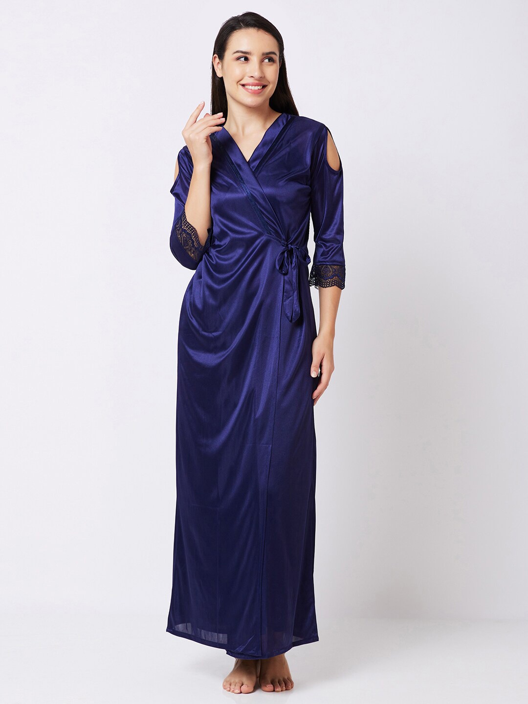 

FashionRack Shoulder Straps Satin Maxi Nightdress With Robe, Navy blue