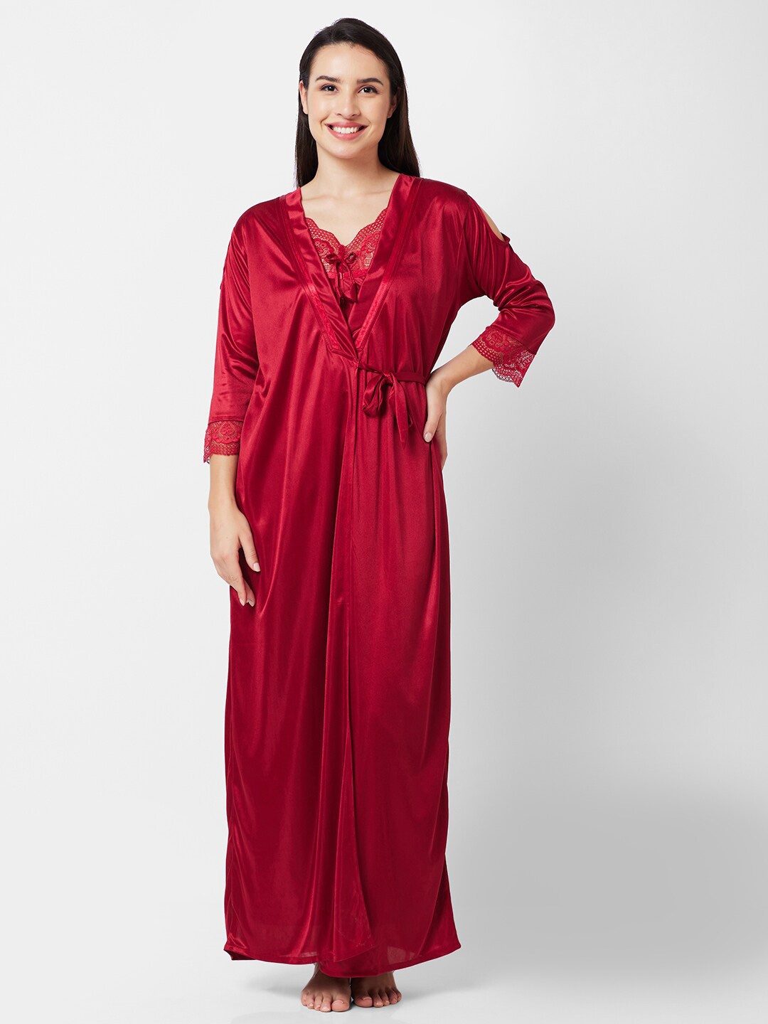 

FashionRack Shoulder Straps Satin Maxi Nightdress With Robe, Maroon