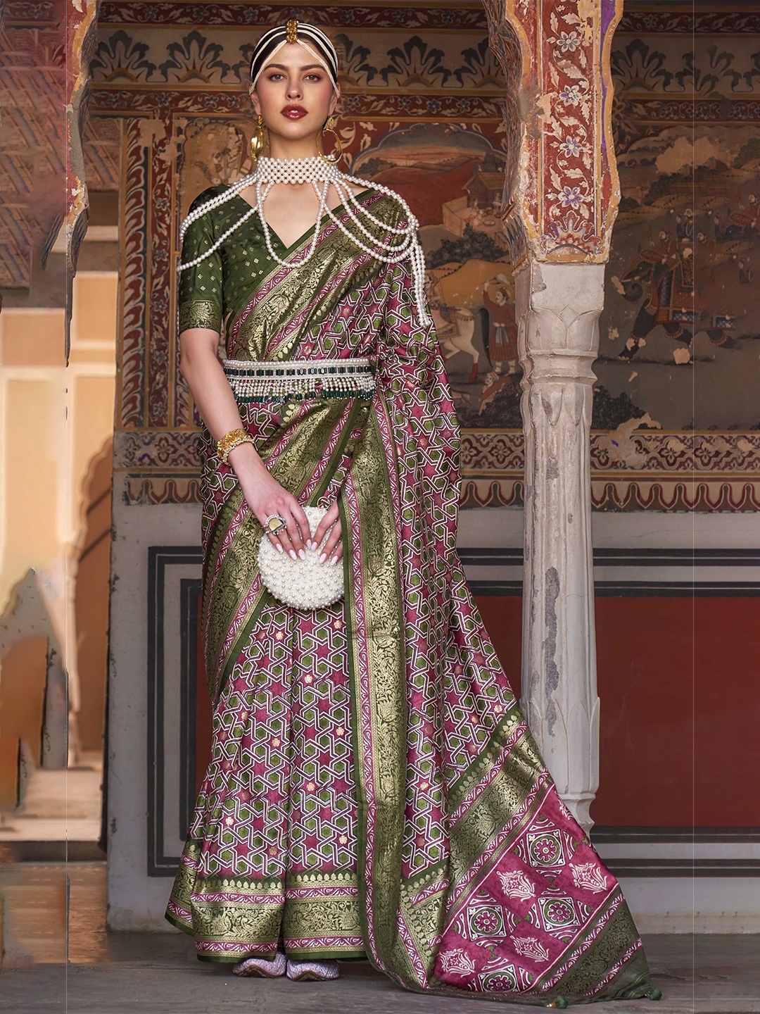 

Mitera Geometric Printed Patola Saree, Green