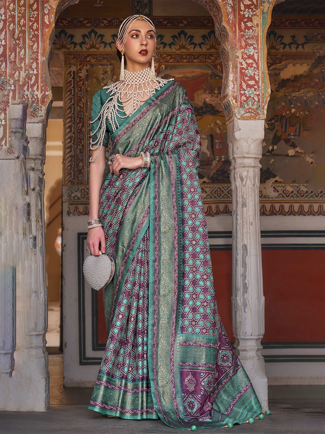 

Mitera Geometric Printed Patola Saree, Teal