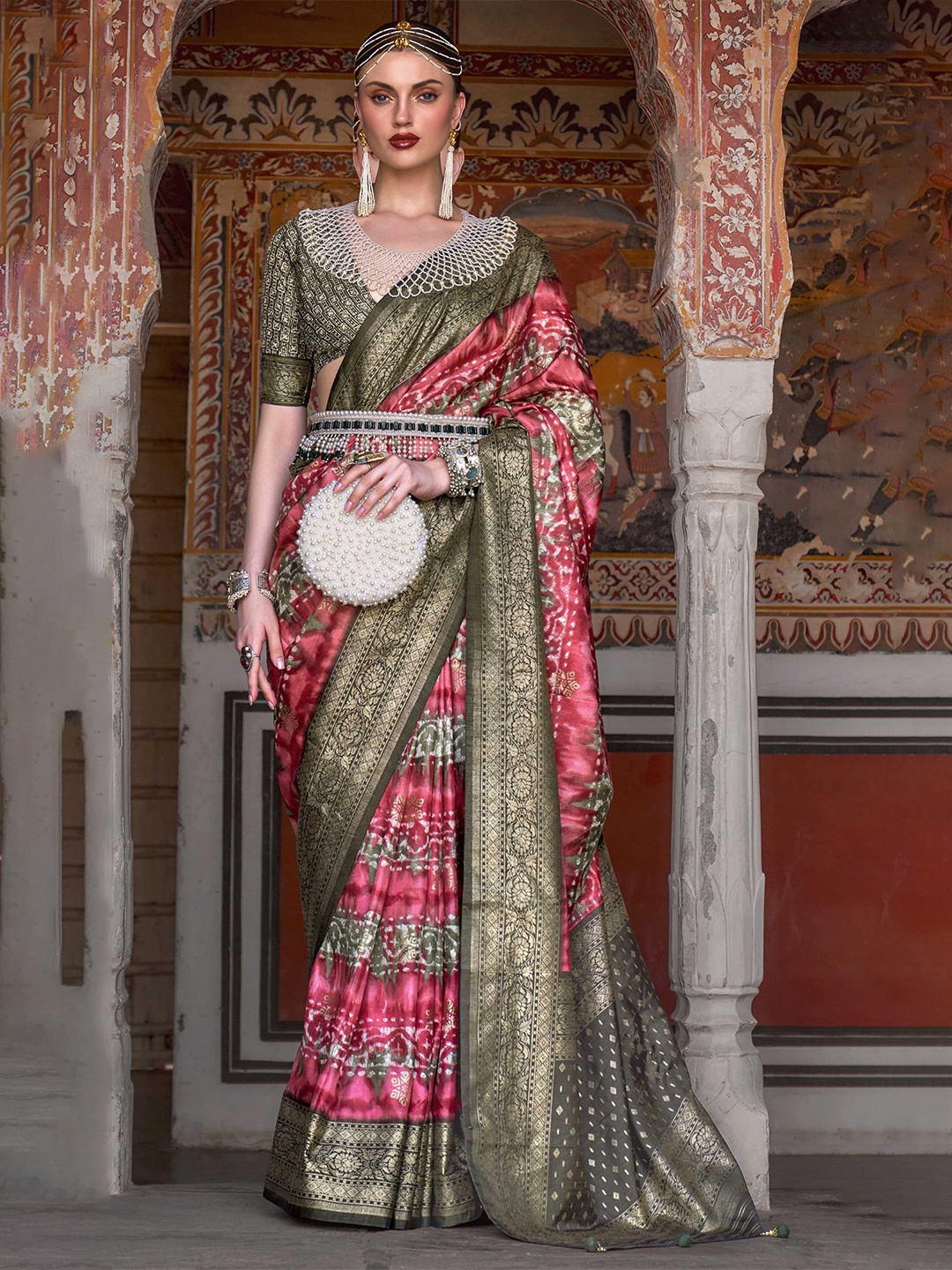

Mitera Peach-Coloured & Green Ethnic Motifs Printed Zari Patola Saree