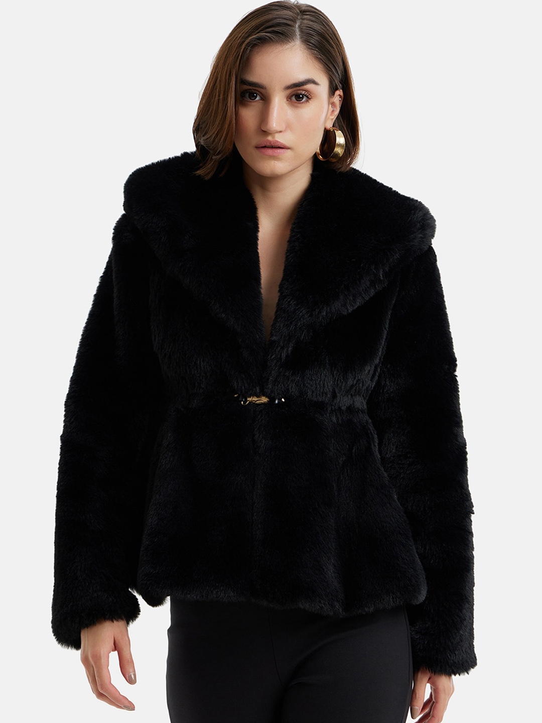 

Kazo Peplum Faux Fur Bomber Jacket, Black
