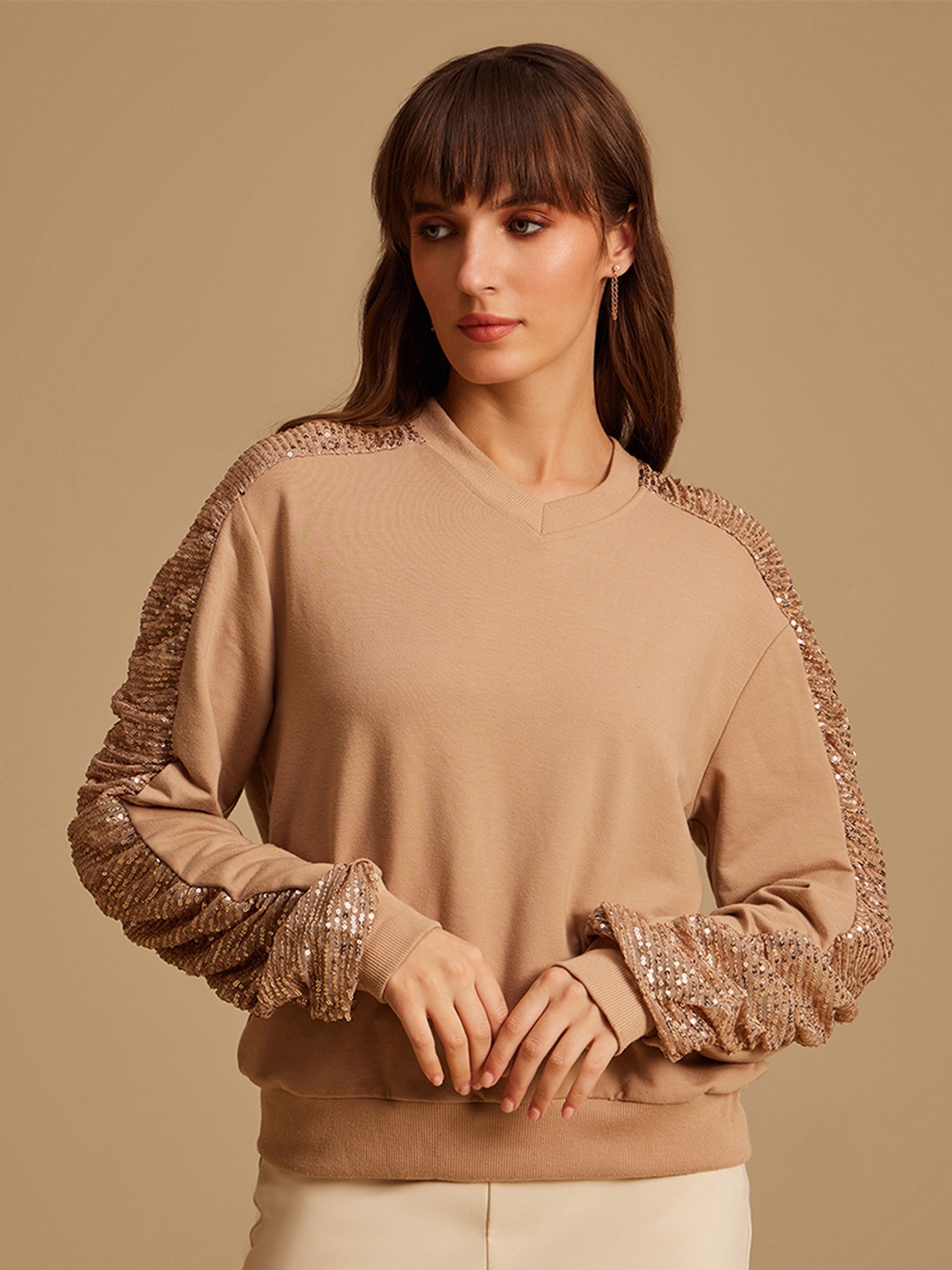 

Kazo V-Neck Long Sleeves Sequinned Sweatshirt, Beige