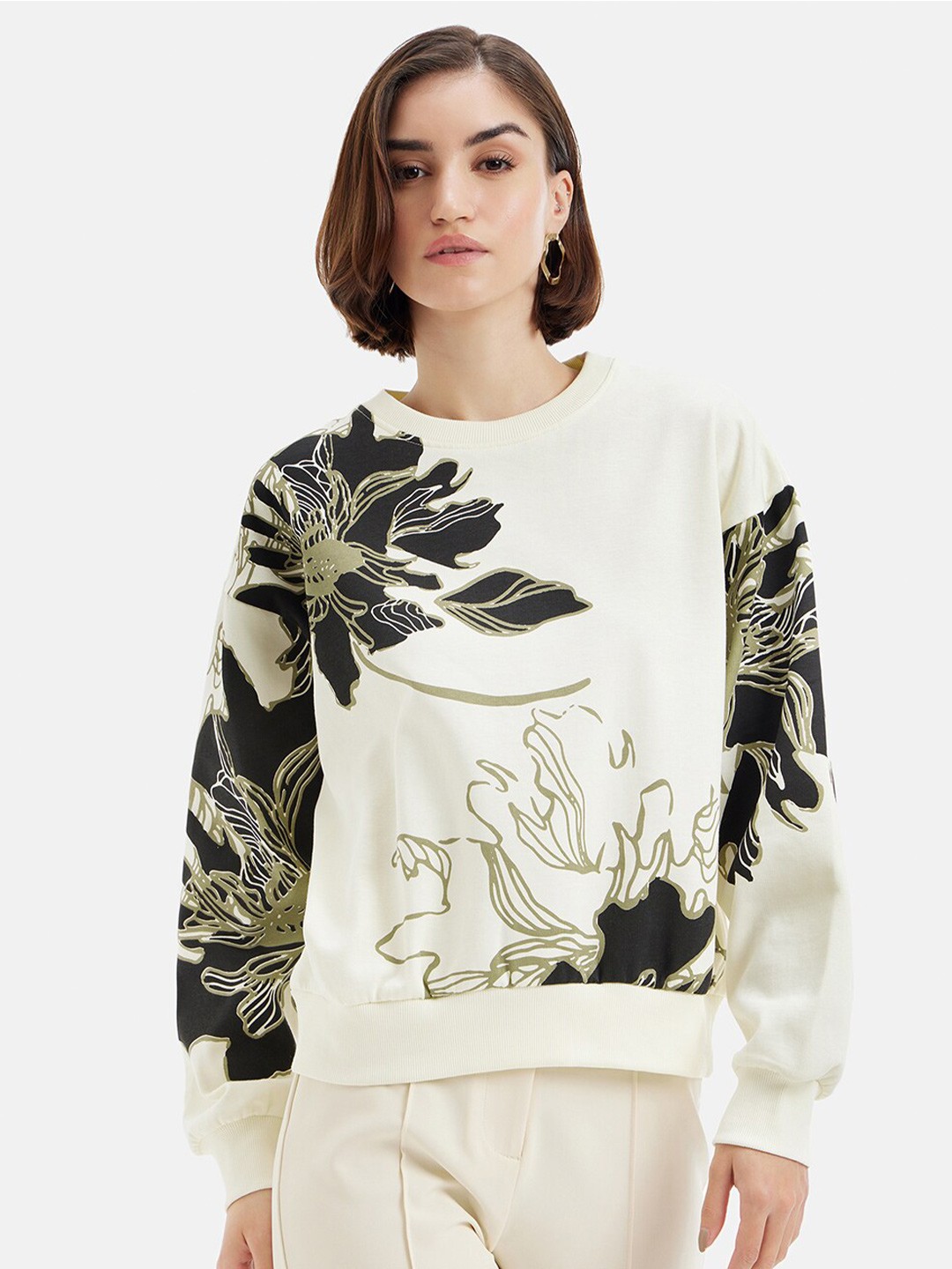 

Kazo Floral Printed Cotton Pullover Sweatshirt, Cream