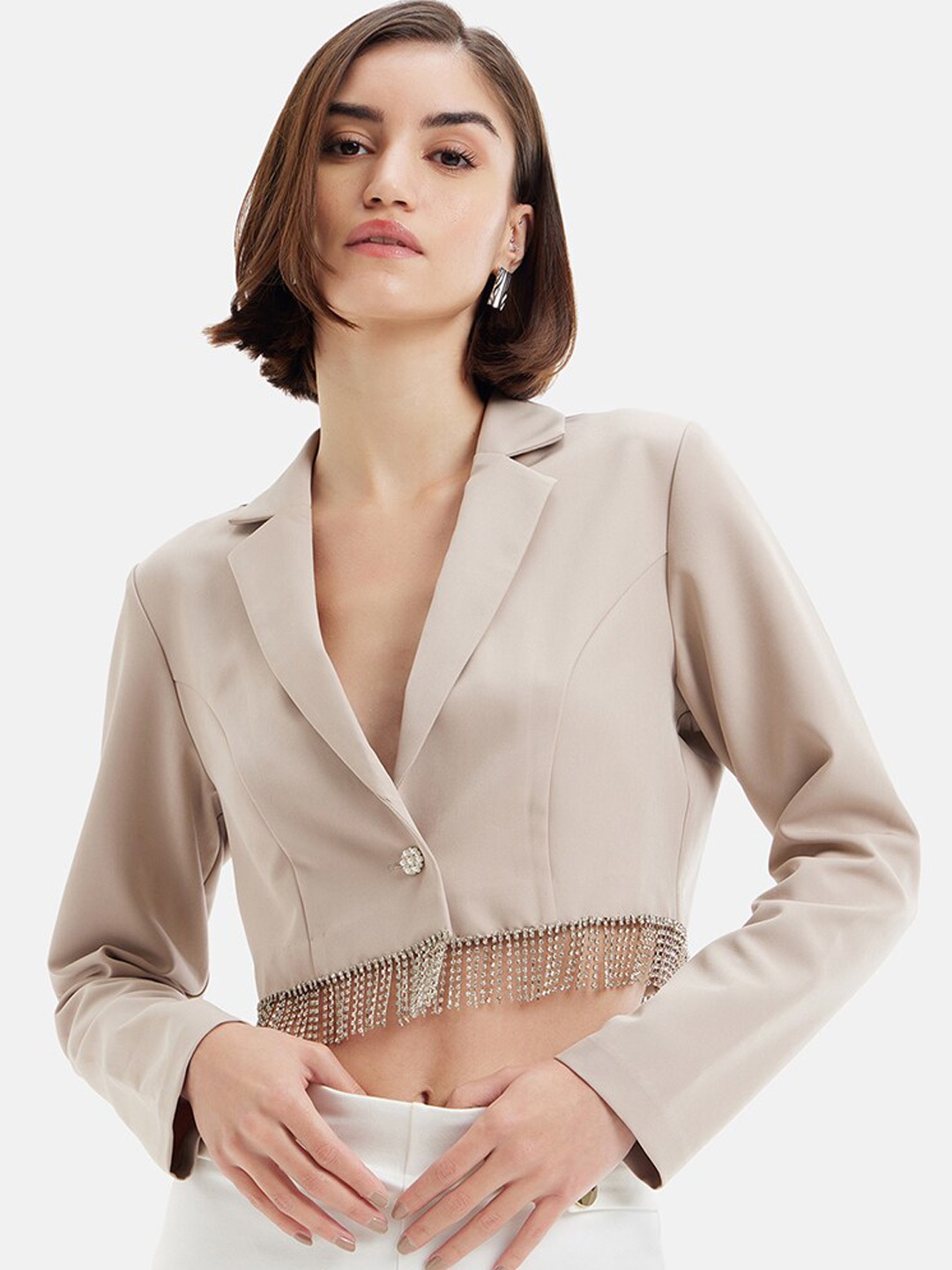 

Kazo Single-Breasted Crop Cotton Casual Blazer With Embellished Detail, Cream