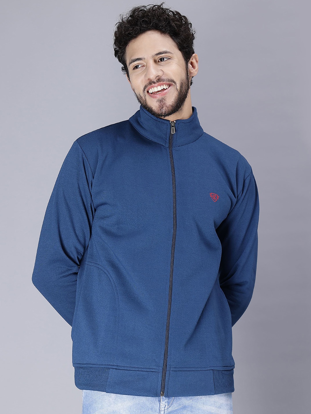 

WE PERFECT Mock Collar Long Sleeves Fleece Lightweight Bomber Jacket, Blue