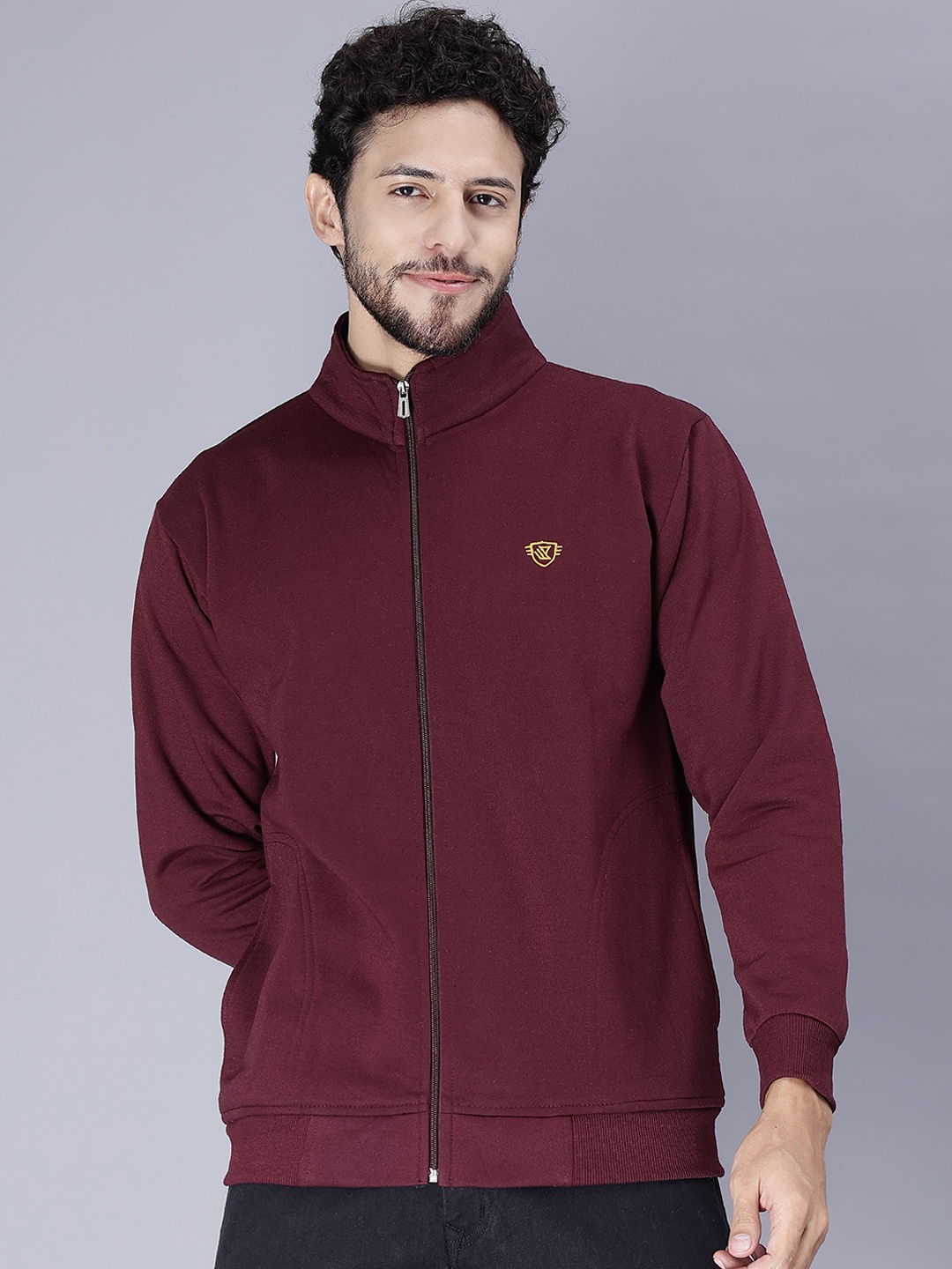 

WE PERFECT Mock Collar Long Sleeves Fleece Lightweight Bomber Jacket, Maroon