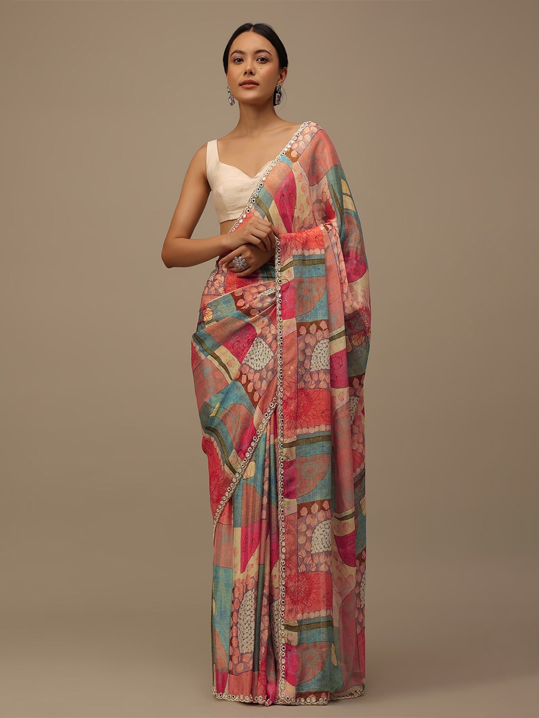 

KALKI Fashion Abstract Printed Mirror Work Embroidered Organza Saree, Orange