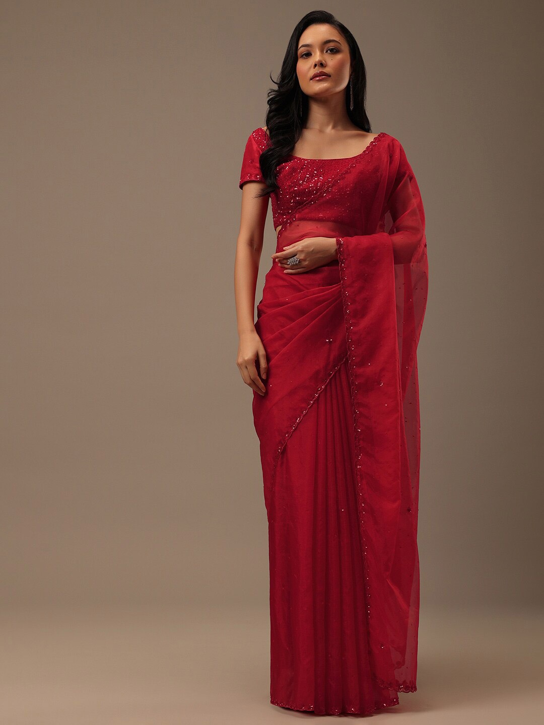 

KALKI Fashion Embellished Sequinned Organza Saree, Red