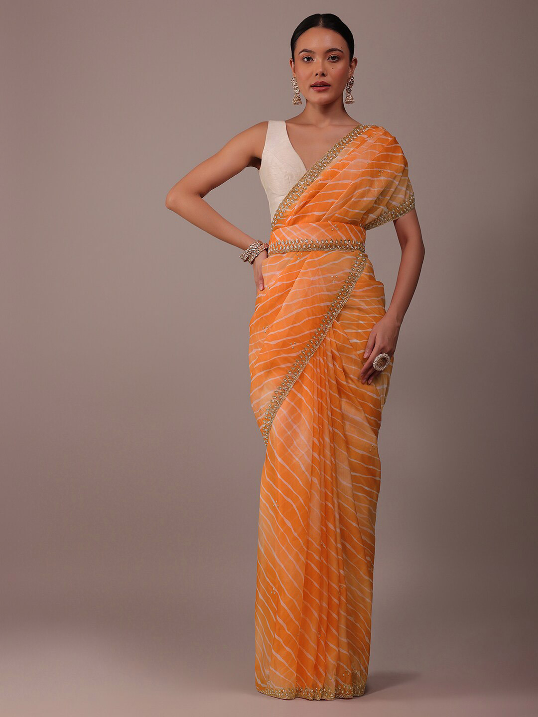 

KALKI Fashion Striped Embroidered Organza Saree, Orange
