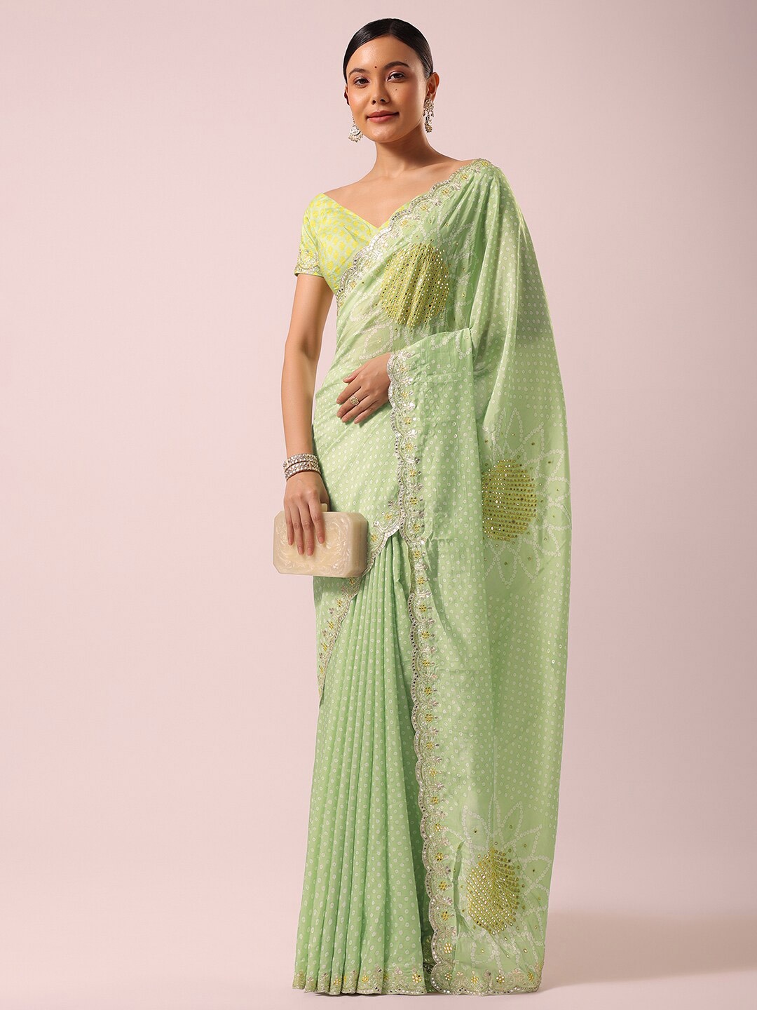 

KALKI Fashion Ethnic Motifs Embroidered Satin Bandhani Saree, Green