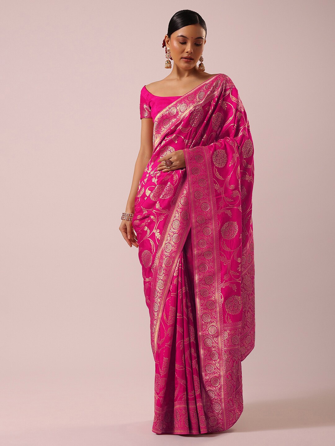 

KALKI Fashion Floral Woven Design Zari Detailed Satin Saree, Pink