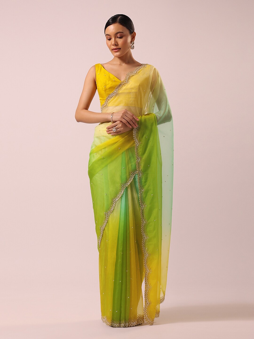 

KALKI Fashion Embellished Beads and Stones Organza Saree, Green