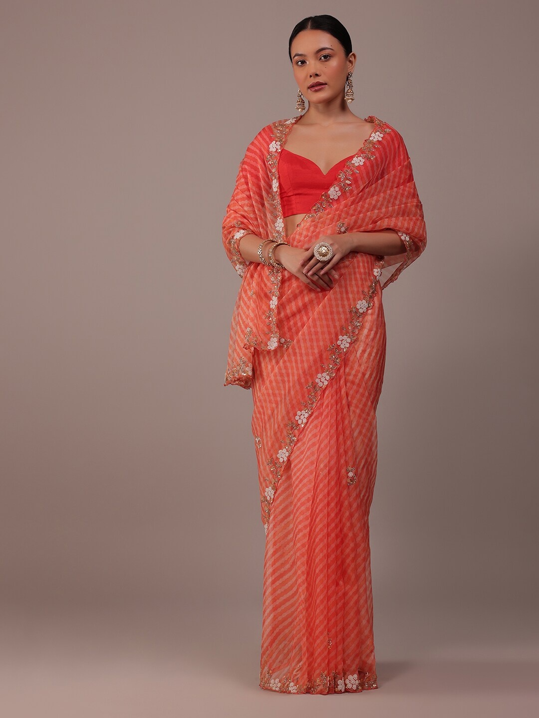 

KALKI Fashion Leheriya Printed Beads & Stones Detailed Organza Saree, Orange