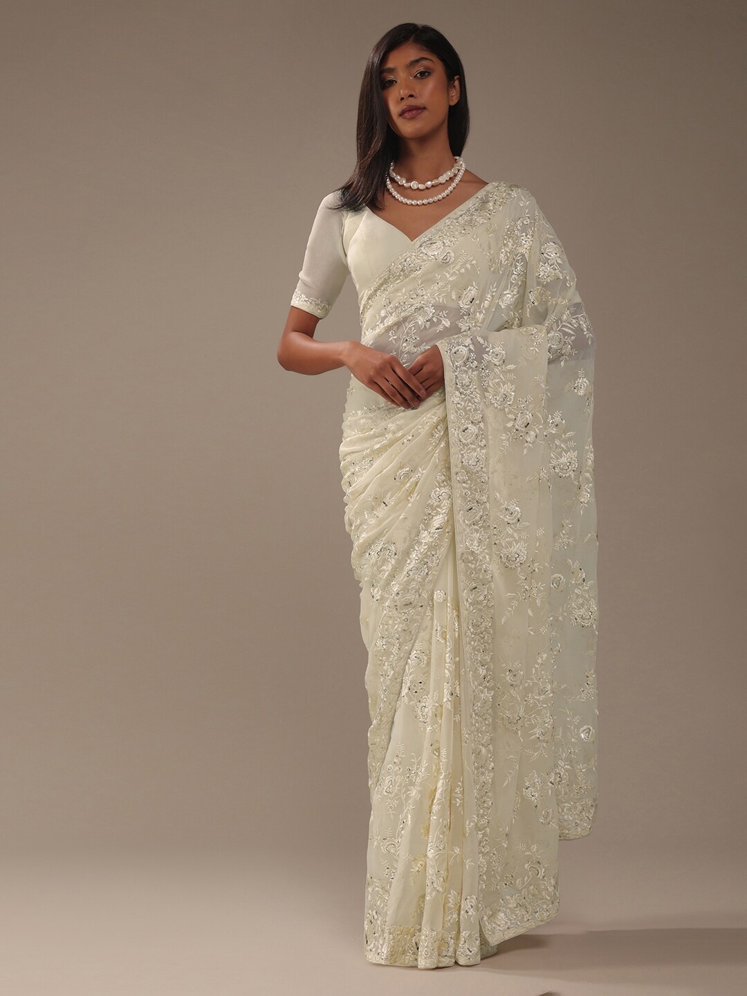 

KALKI Fashion Floral Embroidered Resham Work Saree, White