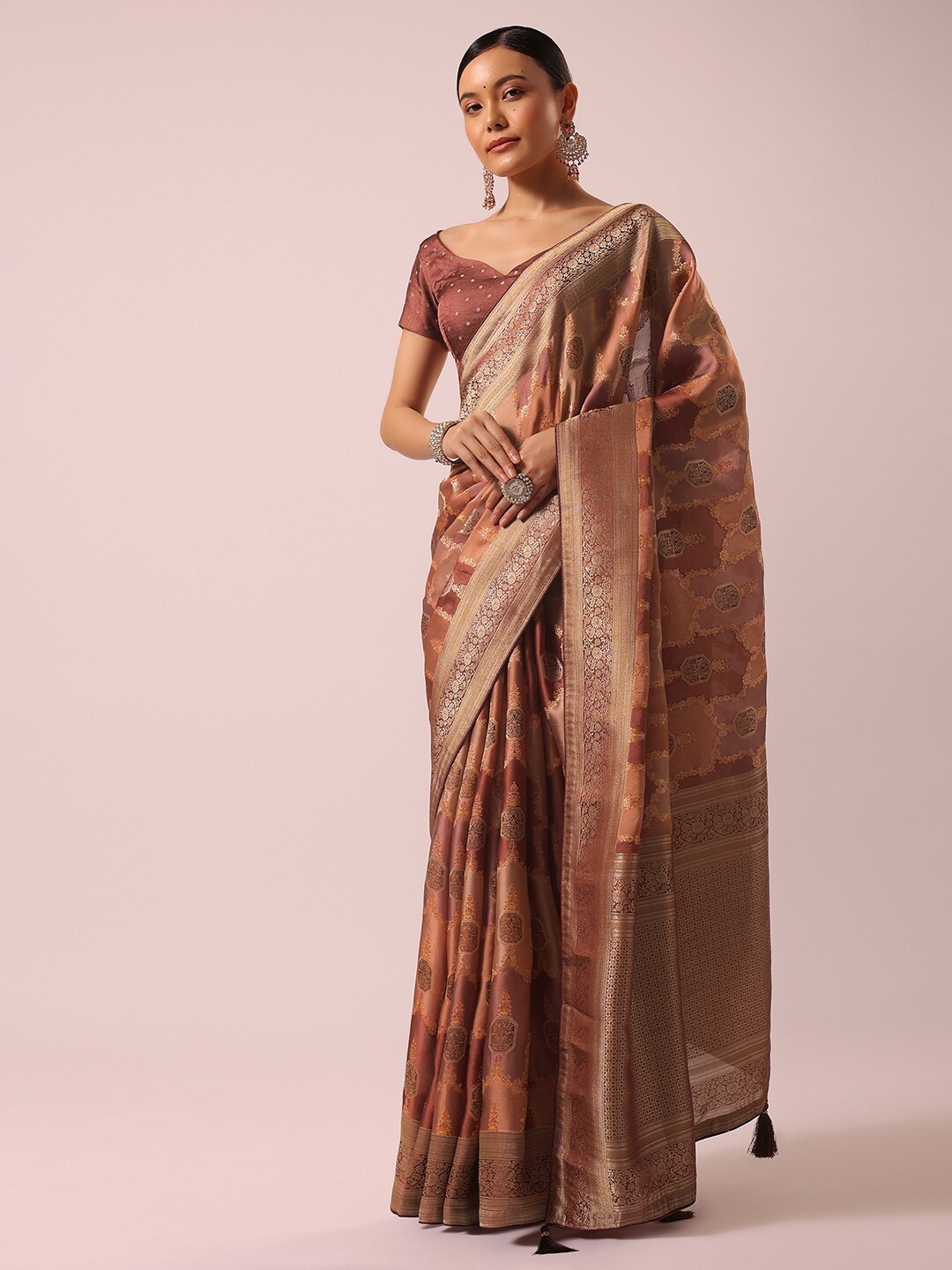 

KALKI Fashion Ethnic Motifs Woven Design Zari Satin Saree, Peach