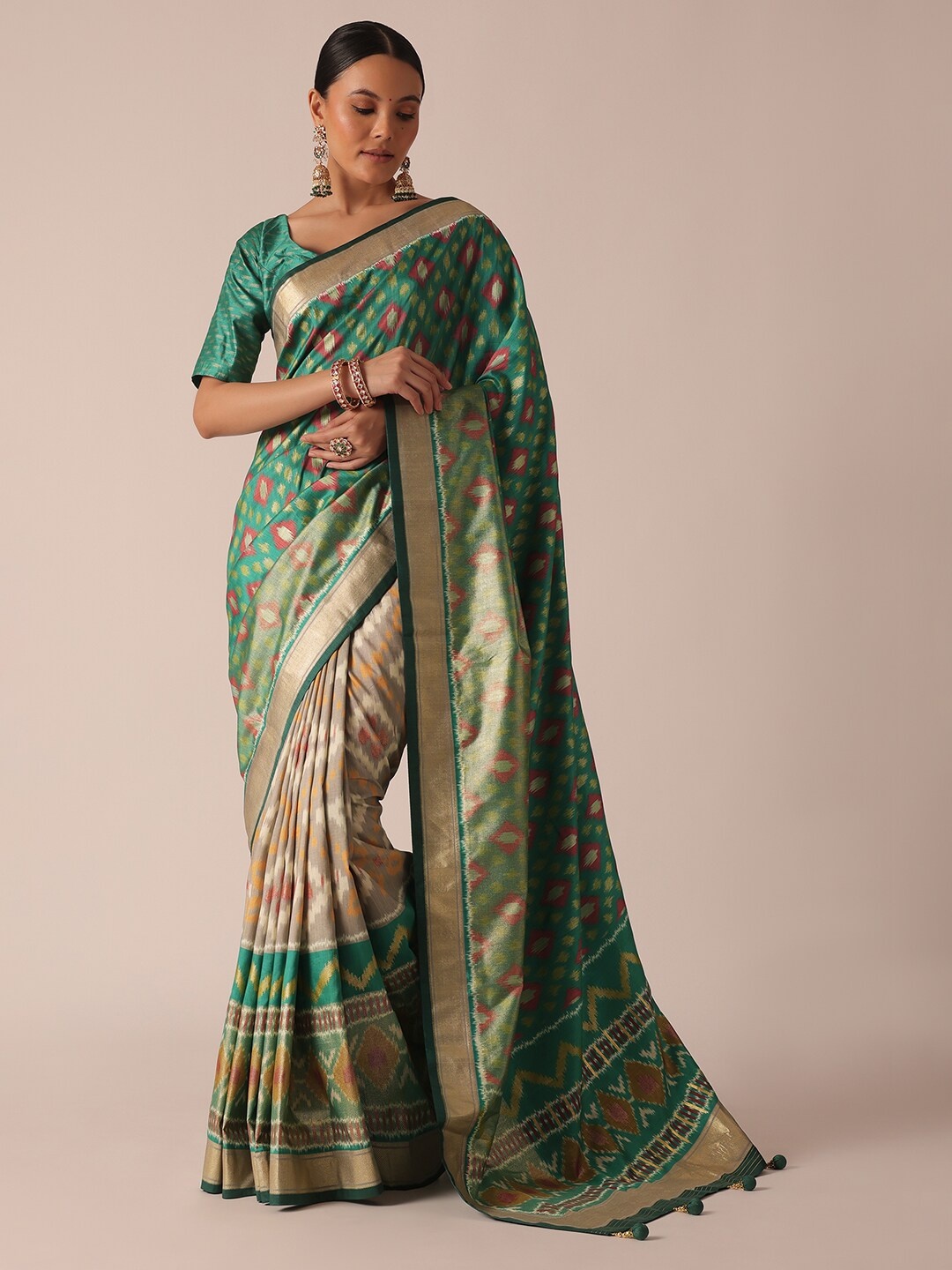 

KALKI Fashion Kalamkari Printed Zari Saree, Green