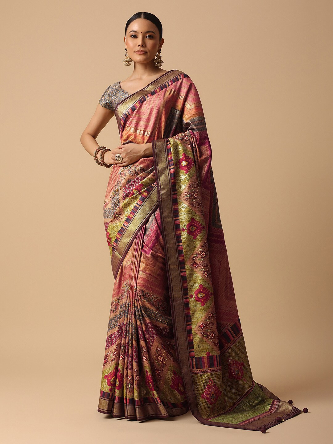 

KALKI Fashion Ethnic Motifs Zari Silk Blend Saree, Pink