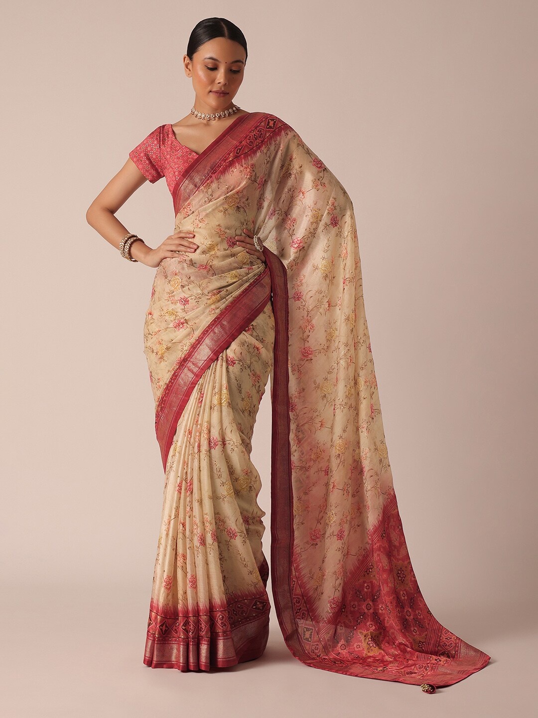 

KALKI Fashion Floral Printed Zari Saree, Beige