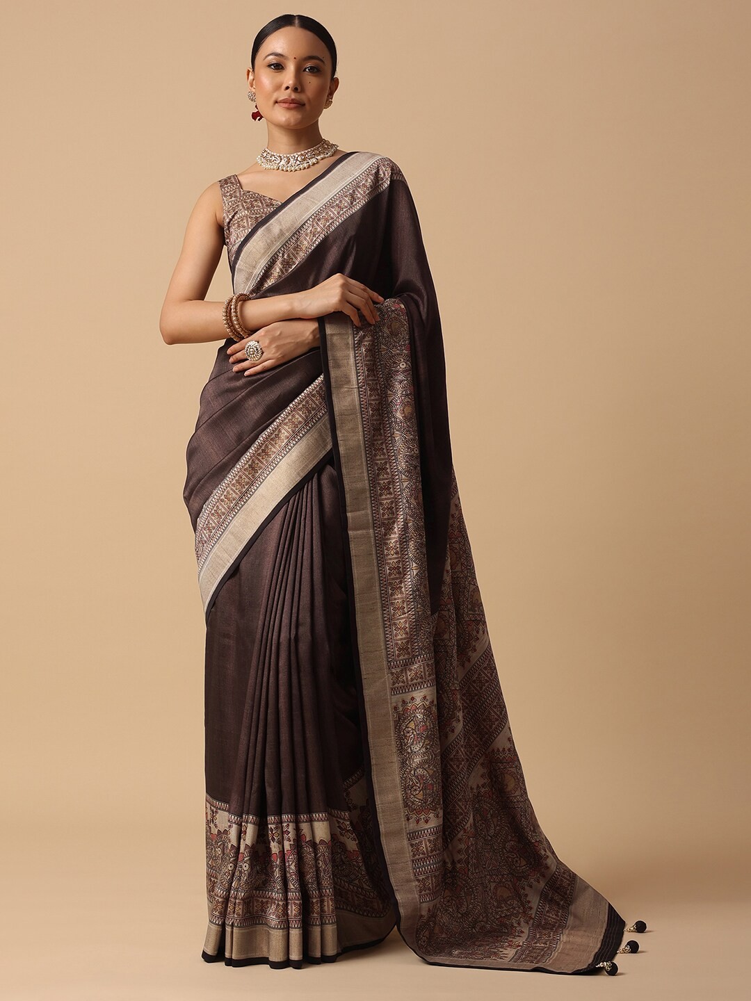 

KALKI Fashion Ethnic Motifs Printed Zari Saree, Brown