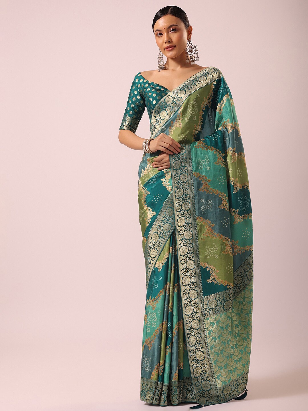 

KALKI Fashion Bandhani Printed Zari Detailed Saree, Green