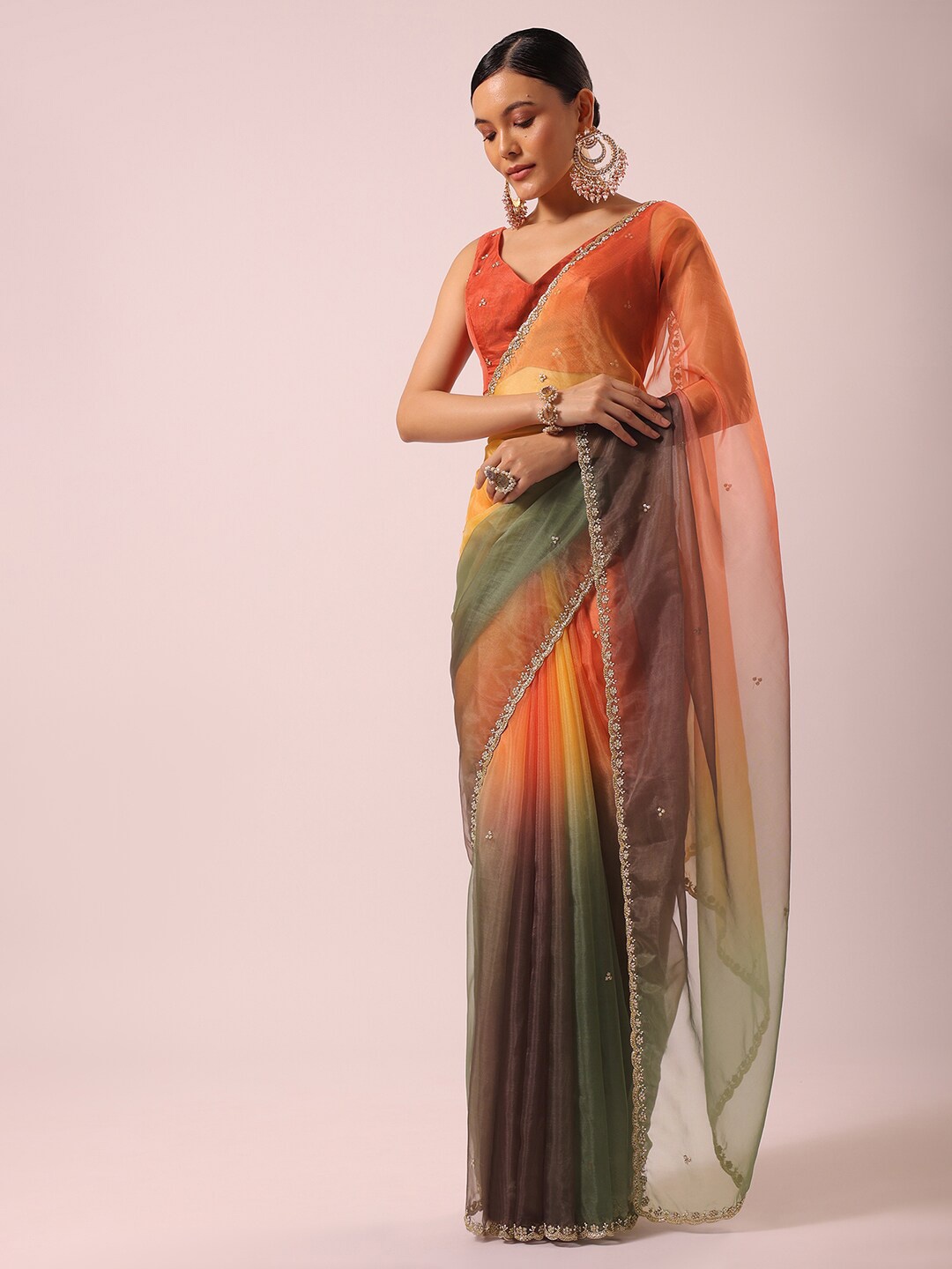 KALKI Fashion Colourblocked Embroidered Detailed Organza Saree, Orange