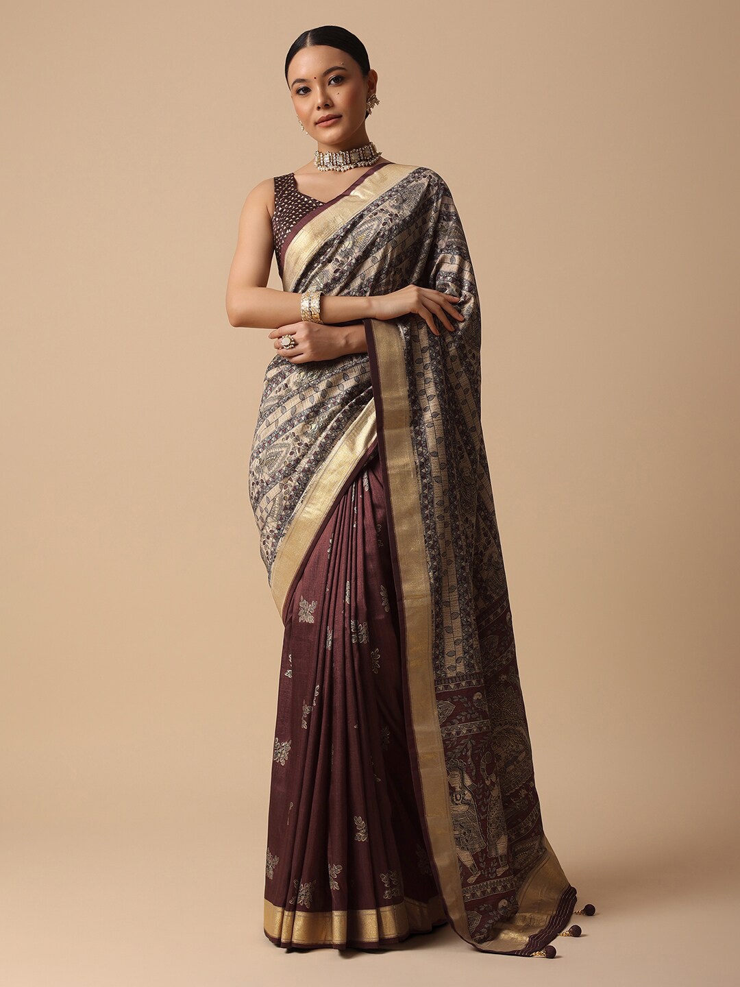 

KALKI Fashion Kalamkari Printed Zari Saree, Brown