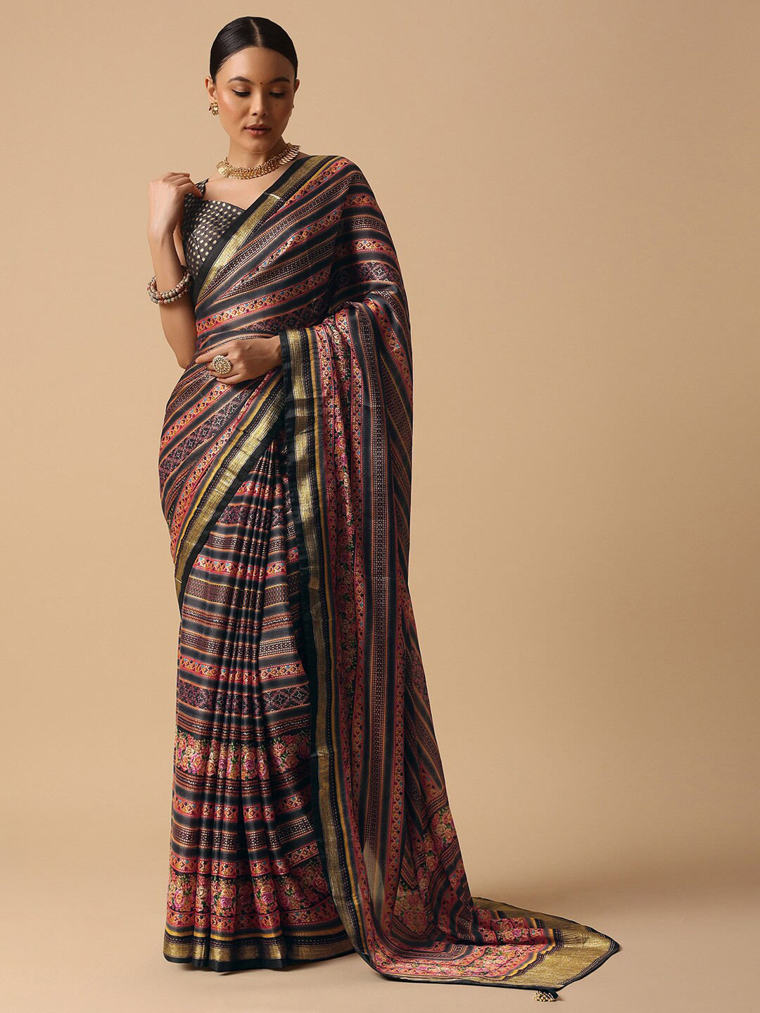 

KALKI Fashion Ethnic Motifs Printed Zari Saree, Black