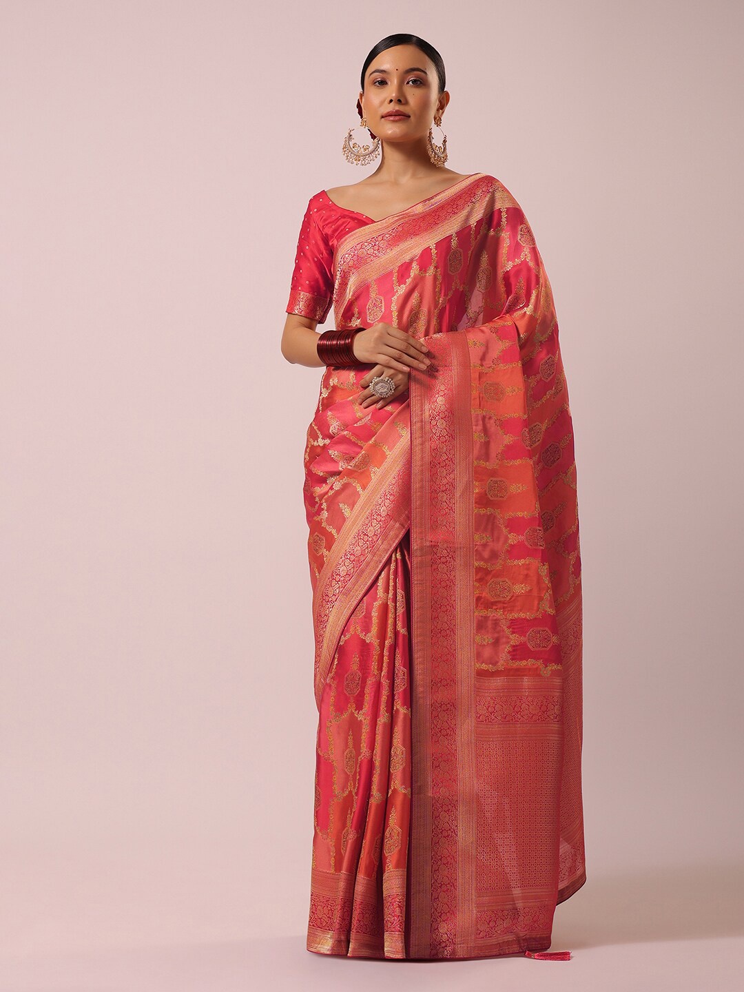 

KALKI Fashion Ethnic Motifs Woven Design Zari Satin Saree, Peach