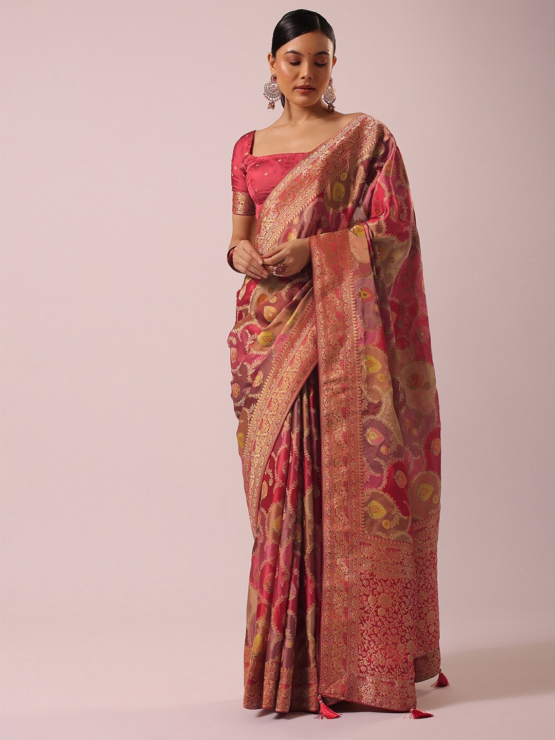 

KALKI Fashion Ethnic Motifs Woven Design Zari Satin Saree, Peach