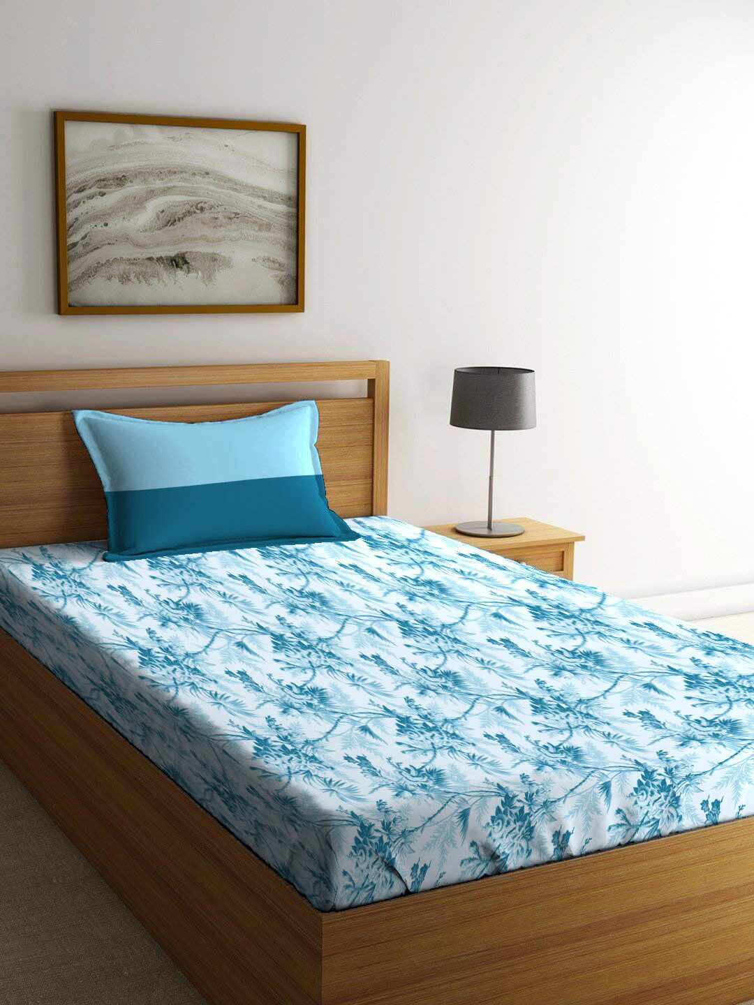 

MYTRIDENT Dusk & Down White & Blue Cotton 144 TC Single Bedsheet with 1 Pillow Cover