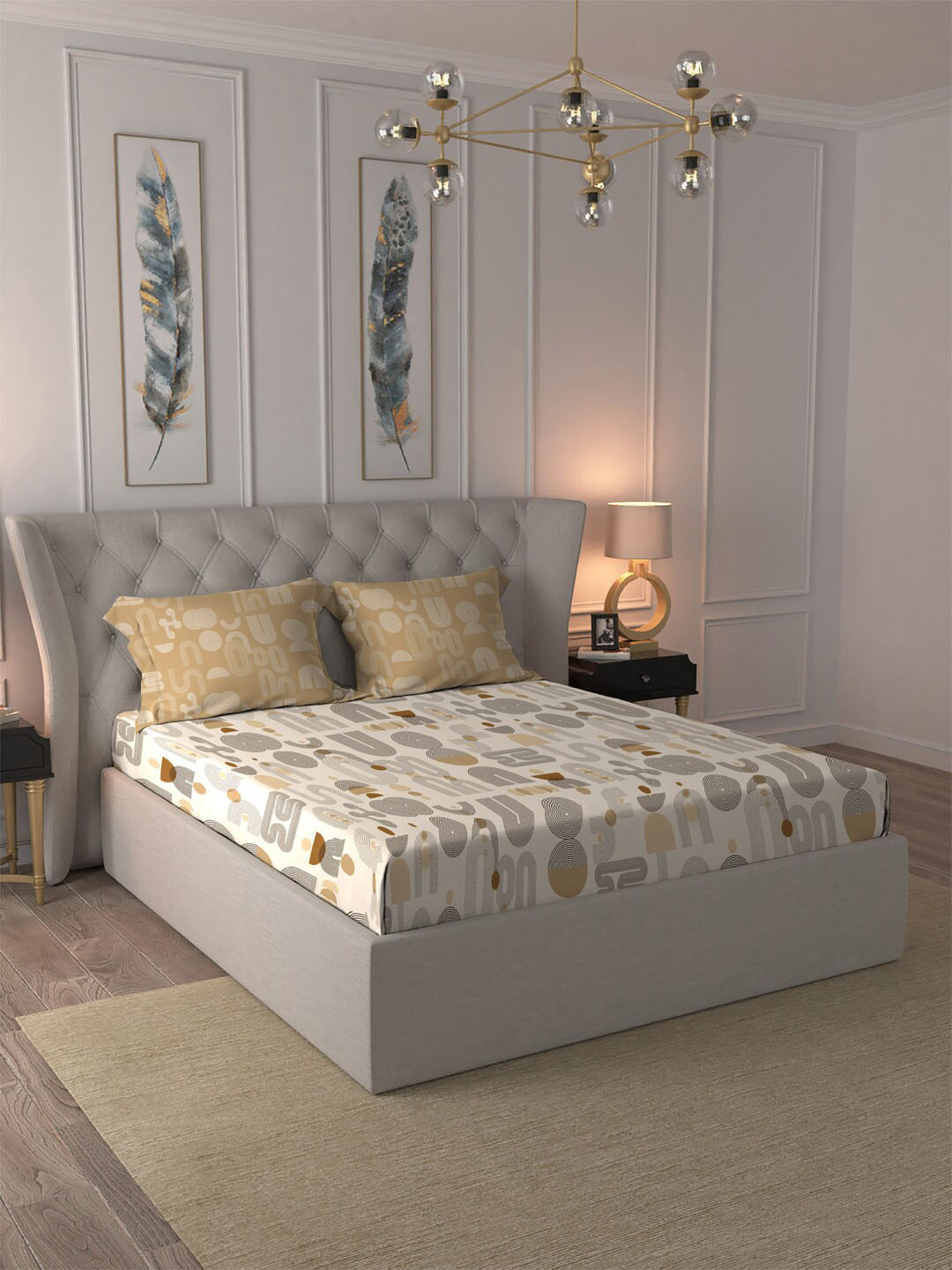 

MYTRIDENT Dusk & Down Geometric Cotton 144 TC Queen Bedsheet With 2 Pillow Covers, Yellow