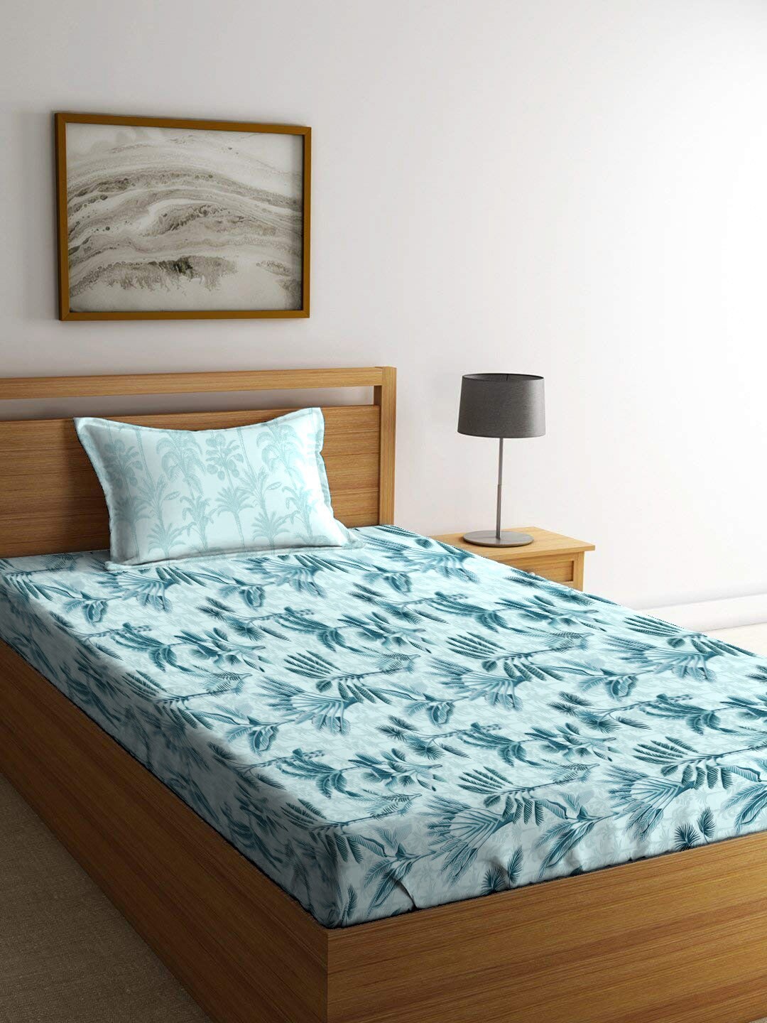 

MYTRIDENT Dusk & Down Teal Floral Pure Cotton 144 TC Single Bedsheet with 1 Pillow Cover