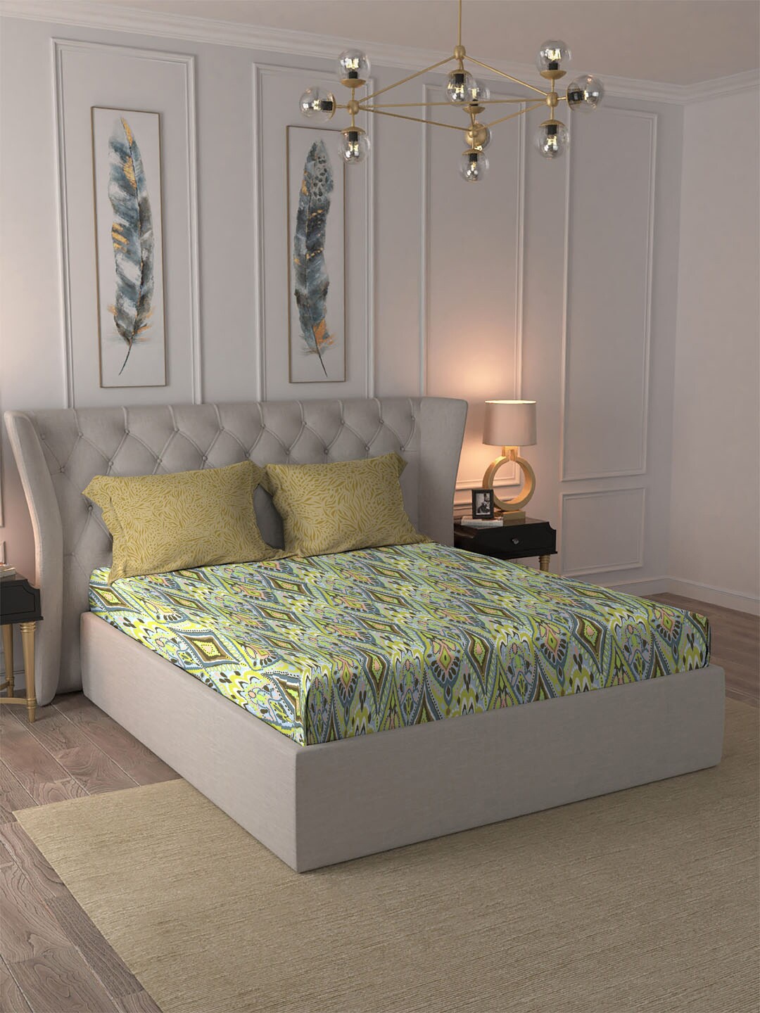 

MYTRIDENT Dusk & Down Yellow Geometric Cotton 144 TC Queen Bedsheet With 2 Pillow Covers
