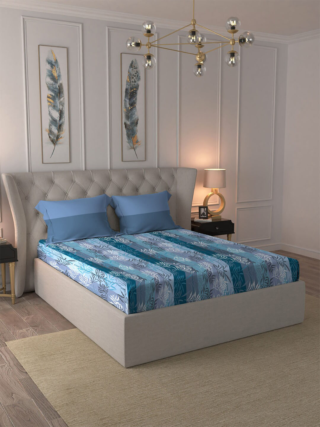 

MYTRIDENT Dusk & Down Blue & White Floral Cotton 144 TC Queen Bedsheet & 2 Pillow Covers