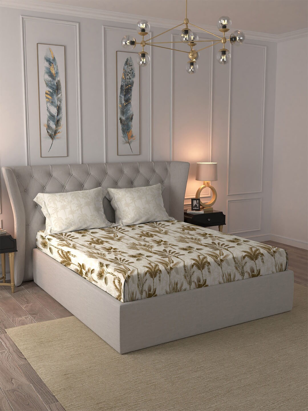 

MYTRIDENT Dusk & Down Brown Floral Cotton 144 TC Queen Bedsheet With 2 Pillow Covers