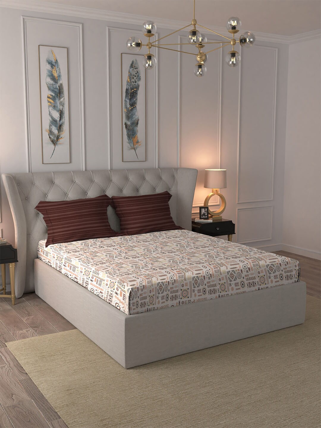 

MYTRIDENT Dusk & Down Brown Geometric Cotton 144 TC Queen Bedsheet With 2 Pillow Covers