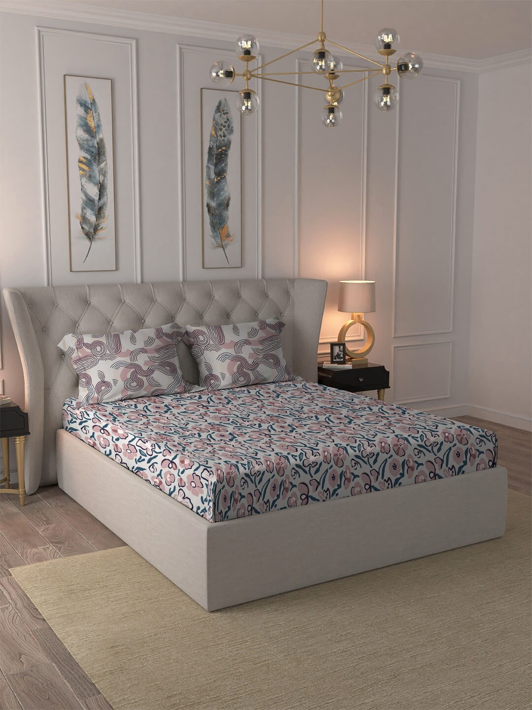 

MYTRIDENT Dusk & Down Floral Cotton 144 TC Queen Bedsheet With 2 Pillow Covers, Pink