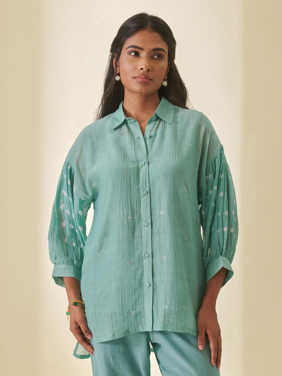

Prakriti Jaipur Ethnic Motifs Printed Gathered Shirt Style Top, Blue