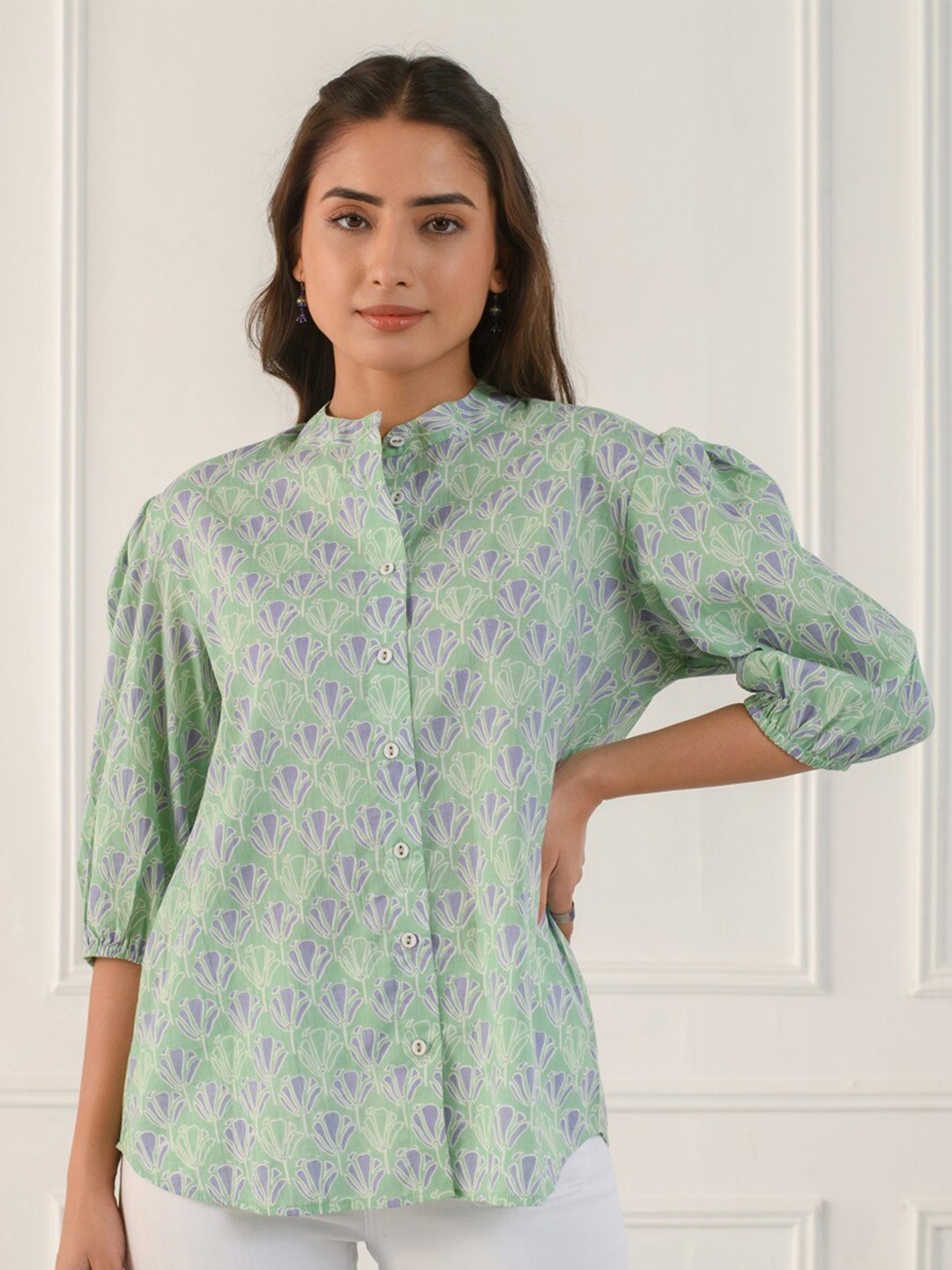 

Prakriti Jaipur Floral Printed Puff Sleeves Cotton Shirt Style Top, Green